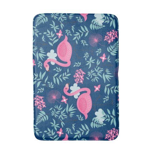 Leuke flamingo's & bloemen op marineblauwe achterg badmat (Voorkant Verticaal)