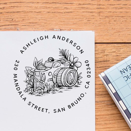 Leuke Floral Camera Naam & Rond Retouradres Zelfinktende Stempel