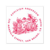 Leuke Floral Camera Naam & Rond Retouradres Zelfinktende Stempel (Design)