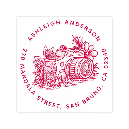 Leuke Floral Camera Naam & Rond Retouradres Zelfinktende Stempel (Design)