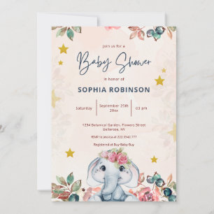 Leuke Floral Elephant Baby shower Invitation Kaart