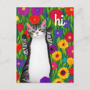 Leuke Folk Art Cat gezegde Hi onder Flowers Briefkaart