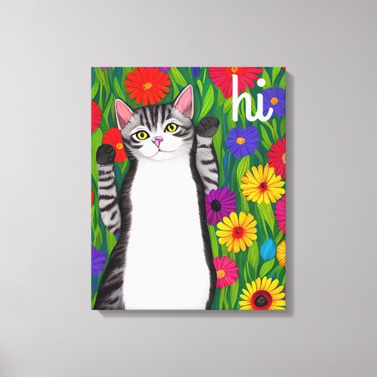 Leuke Folk Art Cat gezegde Hi onder Flowers Canvas Afdruk (Voorkant)