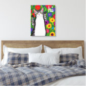 Leuke Folk Art Cat gezegde Hi onder Flowers Canvas Afdruk (Insitu (Slaapkamer))