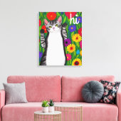 Leuke Folk Art Cat gezegde Hi onder Flowers Canvas Afdruk (Insitu (Woonkamer))