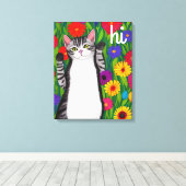 Leuke Folk Art Cat gezegde Hi onder Flowers Canvas Afdruk (Insitu (Houten vloer))