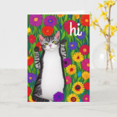 Leuke Folk Art Cat gezegde Hi onder Flowers Kaart (Gele Bloem)