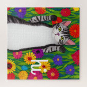 Leuke Folk Art Cat gezegde Hi onder Flowers Legpuzzel (Horizontaal)