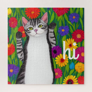 Leuke Folk Art Cat gezegde Hi onder Flowers Legpuzzel