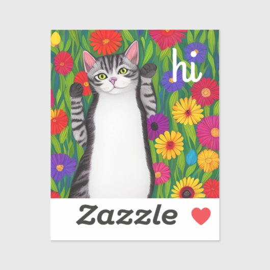 Leuke Folk Art Cat gezegde Hi onder Flowers Sticker (Vel)