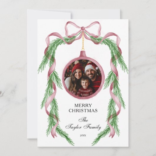 Leuke  Foto Roze Lint Vrolijk Kerstfeest Kaart (Voorkant)