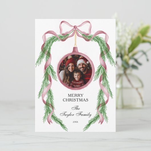 Leuke  Foto Roze Lint Vrolijk Kerstfeest Kaart (Staand voorkant)