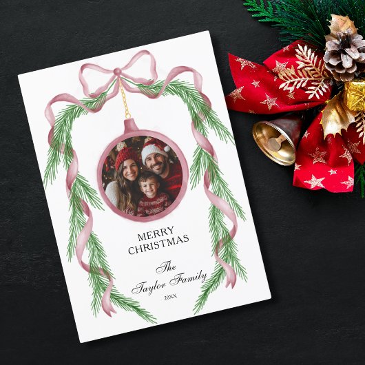 Leuke  Foto Roze Lint Vrolijk Kerstfeest Kaart