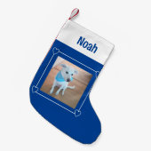 Leuke foto van Sweet Puppy Dog Blauw en Wit Kleine Kerstsok (Voorkant (Hangend))