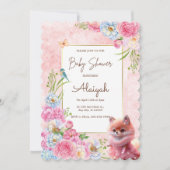 Leuke Fox Blush Roze Bloemen Waterverf Baby shower Kaart (Voorkant)