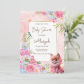 Leuke Fox Blush Roze Bloemen Waterverf Baby shower Kaart (Staand voorkant)