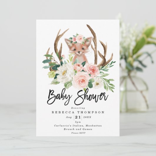 Leuke Fox Boho Bloemen Modern baby shower Kaart (Staand voorkant)