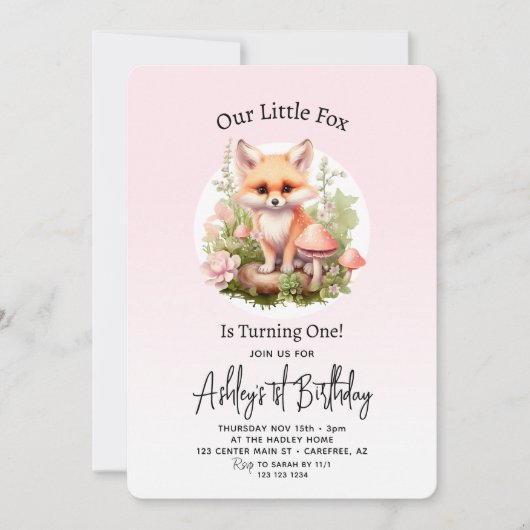 Leuke Fox Script Meisje 1e Verjaardag Kaart (Voorkant)