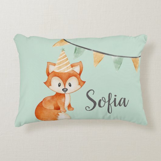 Leuke Fox Woodland Party Pet Happy Birthday Mint Accent Kussen (Voorkant)