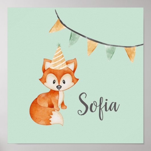 Leuke Fox Woodland Party Pet Happy Birthday Mint Poster (Voorkant)