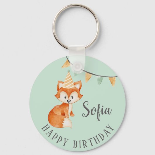 Leuke Fox Woodland Party Pet Happy Birthday Mint Sleutelhanger (Voorkant)