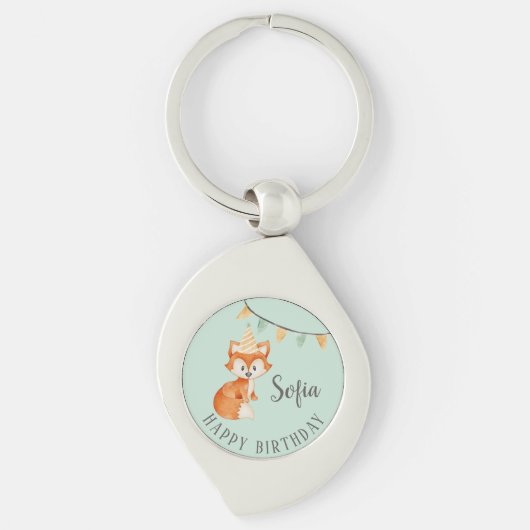 Leuke Fox Woodland Party Pet Happy Birthday Mint Sleutelhanger (Voorkant)