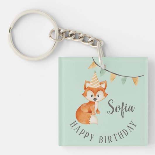 Leuke Fox Woodland Party Pet Happy Birthday Mint Sleutelhanger (voorkant)