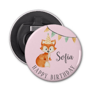 Leuke Fox Woodland Party Pet Happy Birthday Pink Button Flesopener