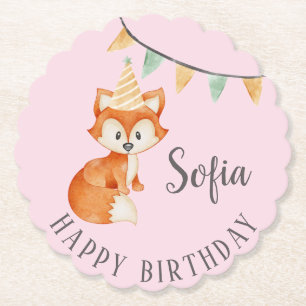 Leuke Fox Woodland Party Pet Happy Birthday Pink Kartonnen Onderzetters