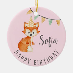 Leuke Fox Woodland Party Pet Happy Birthday Pink Keramisch Ornament