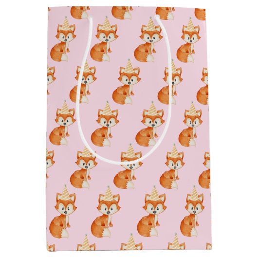 Leuke Fox Woodland Party Pet Happy Birthday Pink Medium Cadeauzakje (Voorkant)