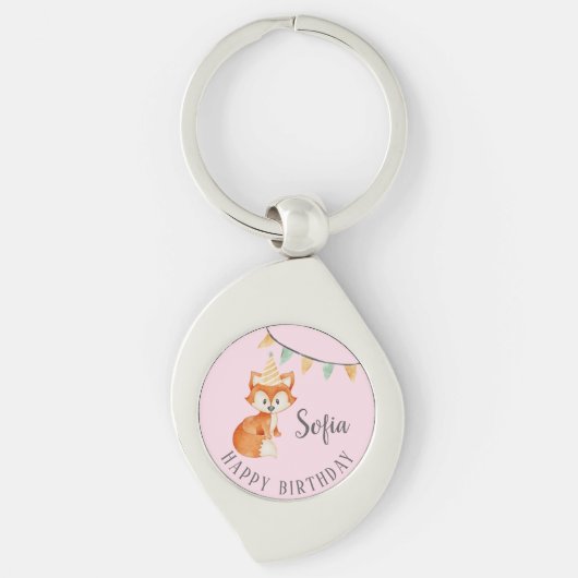 Leuke Fox Woodland Party Pet Happy Birthday Pink Sleutelhanger (Voorkant)