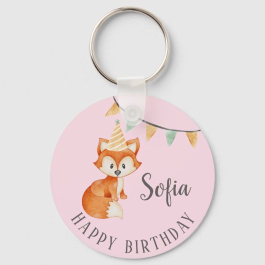 Leuke Fox Woodland Party Pet Happy Birthday Pink Sleutelhanger (Achterkant)