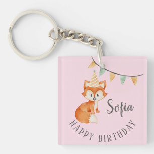 Leuke Fox Woodland Party Pet Happy Birthday Pink Sleutelhanger