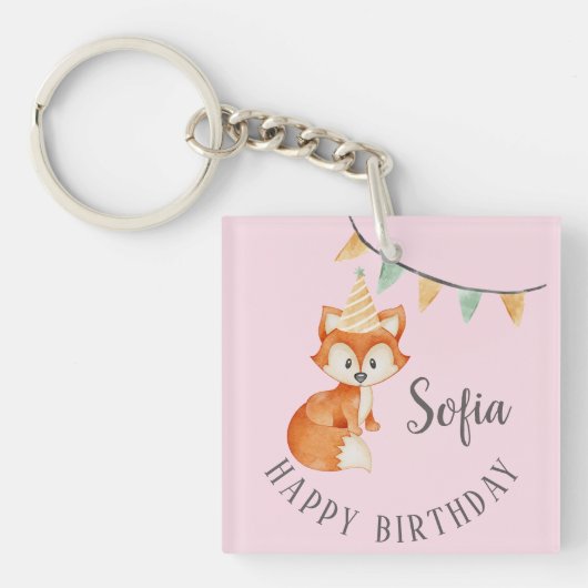 Leuke Fox Woodland Party Pet Happy Birthday Pink Sleutelhanger (voorkant)
