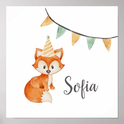 Leuke Fox Woodland Party Pet Happy Birthday Poster (Voorkant)