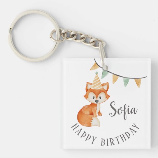 Leuke Fox Woodland Party Pet Happy Birthday Sleutelhanger (voorkant)