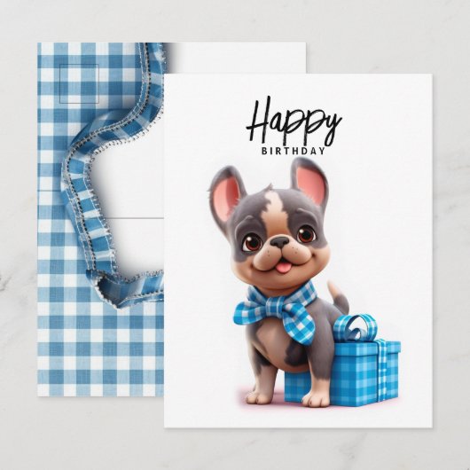 Leuke Franse bulldog, grappige hond in blauw shirt Briefkaart (Voorkant / Achterkant)