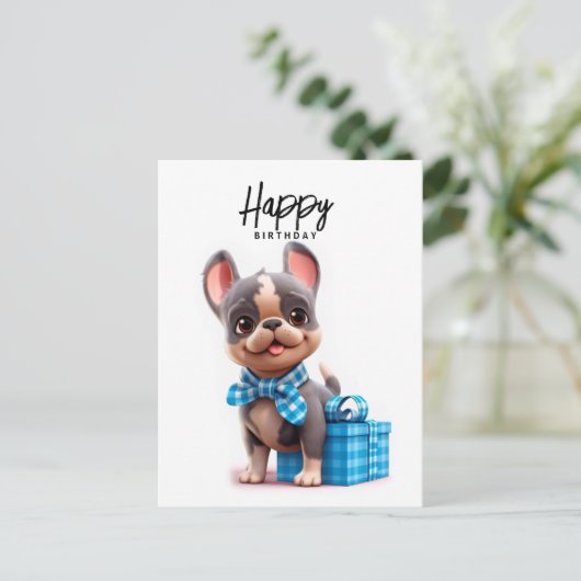 Leuke Franse bulldog, grappige hond in blauw shirt Briefkaart (Staand voorkant)