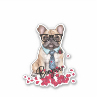 Leuke Franse Bulldog met bril en rozen bloemblaadj Sticker