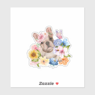 Leuke Franse Bulldog omgeven door bloemen Sticker