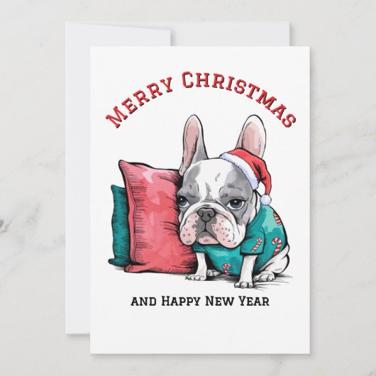 Leuke Franse hond, Kerstmuts, Grappige Kerstmis Feestdagenkaart (Voorkant)
