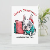 Leuke Franse hond, Kerstmuts, Grappige Kerstmis Feestdagenkaart (Staand voorkant)