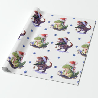 Leuke & Funky Kerstdinosaurussen op Wit Cadeaupapier