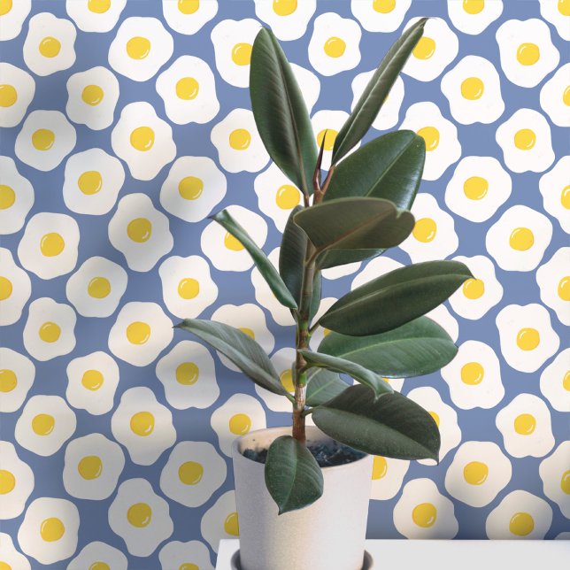Leuke Gebakken Eieren Blauwe Patroon Behang (Fun fried egg food art peel and stick wallpaper for kitchen, diner, cafe or restaurant)