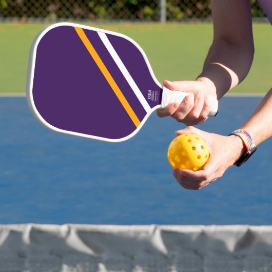 Leuke gedurfde Paarse Gele Witte Hoek Racing Strip Pickleball Paddle (Insitu)
