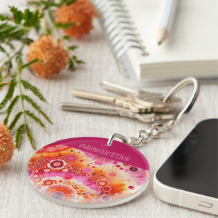 Leuke gedurfde Sinaasappel Hot Pink Batik Circles Sleutelhanger