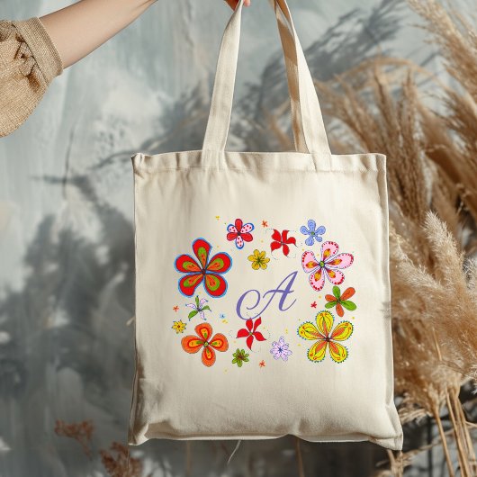 Leuke Geïllustreerde Bloemen Monogram Eerste Lette Tote Bag
