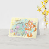 Leuke geïllustreerde kat en muis Gelukkige Verjaar Kaart (Gele Bloem)