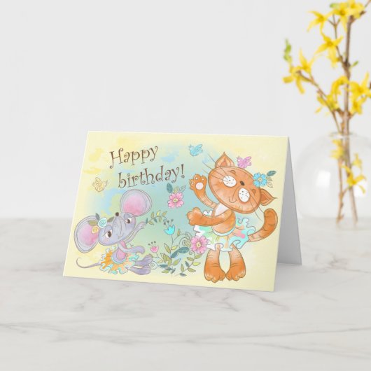 Leuke geïllustreerde kat en muis Gelukkige Verjaar Kaart (Gele Bloem)